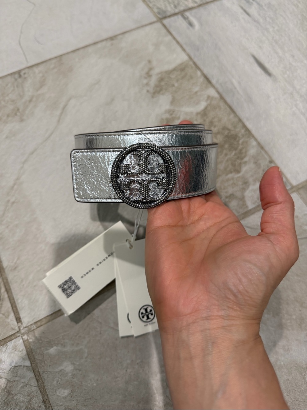Tory Burch Silver Metallic Logo Buckle Belt